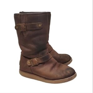 Ugg Australia Women Tall Buckle Leather Sheepskin Boots shoes sz 8